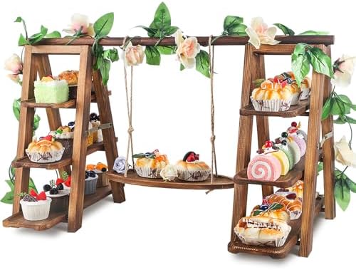 Wisreach Wooden 3 Tier Cupcake Stand with Swing and Flower Decoration