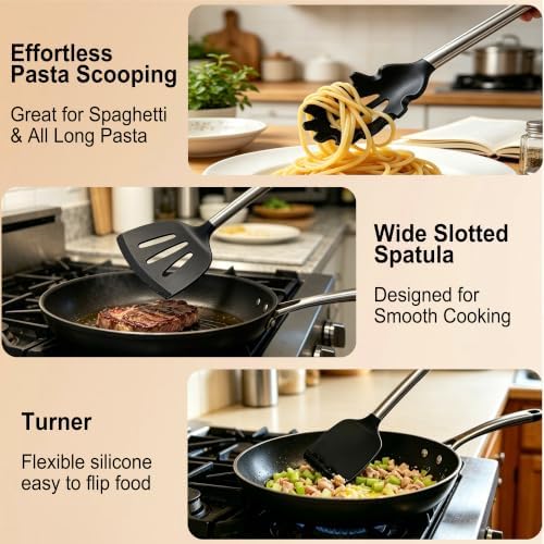 14-Piece Silicone Kitchen Cooking Utensils Set, Black
