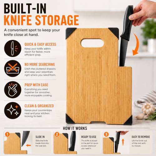 Bamboo Cutting Board with Knife Set, 13.4 x 9.4 Inch Wooden Chopping