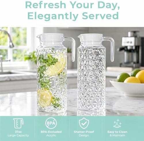 Peohud 2 Pack Acrylic Pitchers, 37oz Clear Plastic Pitcher with