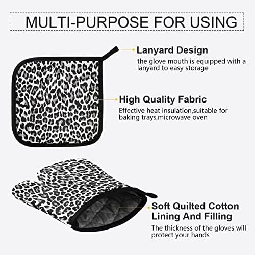 Oven Mitts Quilted Cotton Lining Grey Leopard Print Potholders BBQ