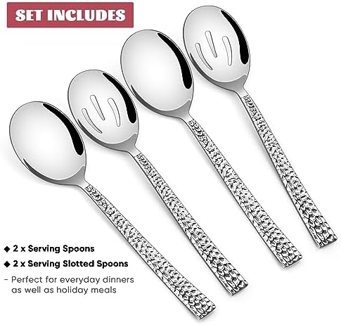 E-far Hammered Serving Spoons, 4-Piece Stainless Steel Serving