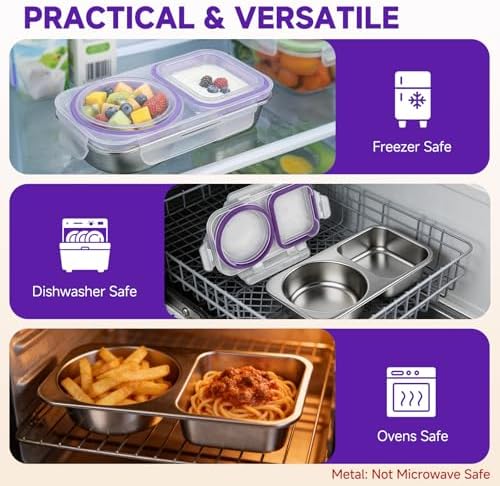 Stainless Steel Snack Containers with Lid, Reusable 2 Compartment