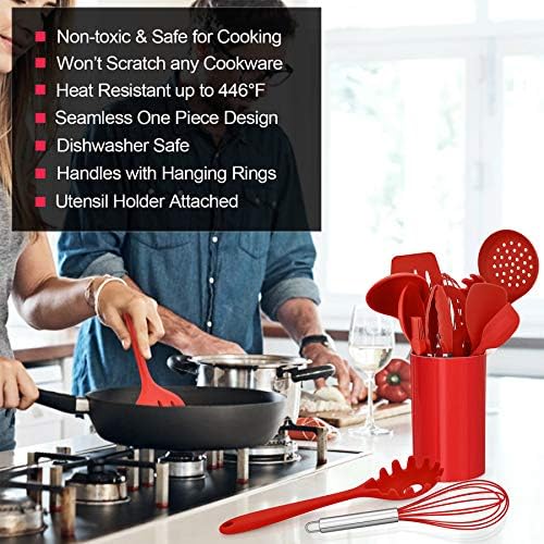 LIANYU 12-Piece Red Silicone Kitchen Utensils with Holder