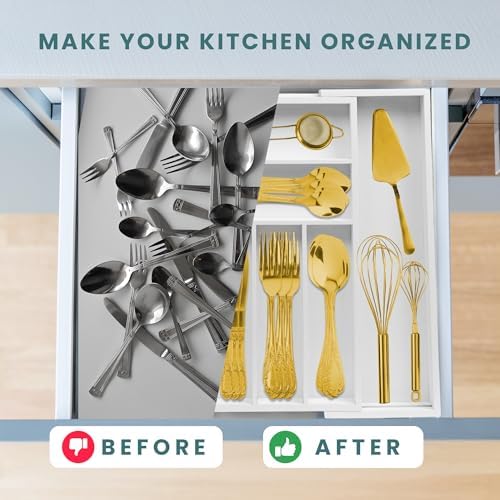 Sben Bamboo Cutlery Drawer Organizer, White, Medium