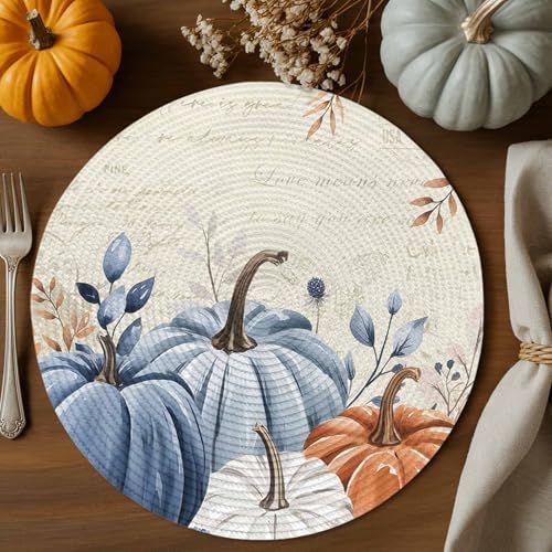 Fall Round Placemats Set of 4 Thanksgiving Blue Pumpkin Place Mats