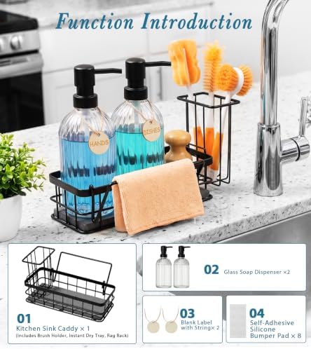Kitchen Soap Dispenser Set with Sponge Holder, 15 fl oz, Clear Glass