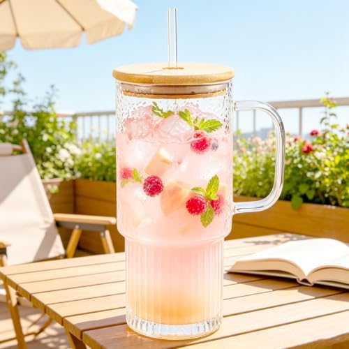 32 oz Glass Tumblers with Handle, Glass Cup with Bamboo Lid & Straw