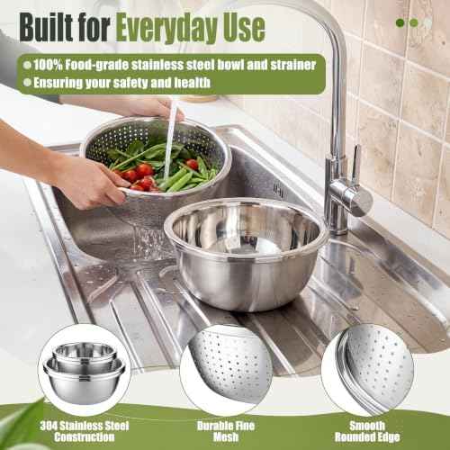 4 Pcs 304 Stainless Steel Colander Set, 5 Qt and 2 Qt Metal Strainer Bowls with Matching Mixing Bowls Large Capacity for Washing Rice Vegetables Fruit, Kitchen Draining Set, Dishwasher Safe