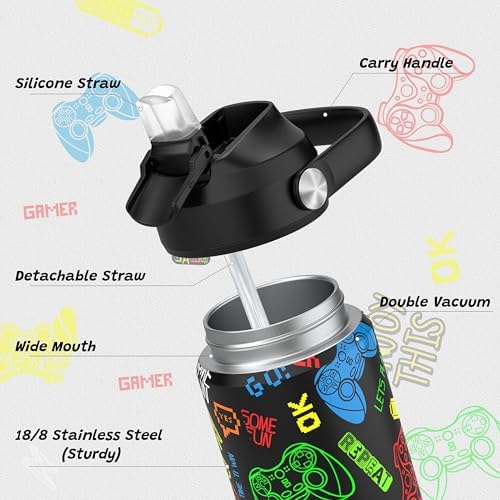 Boys Game Water Bottle for School,Kids 18 oz Insulated Stainless Steel