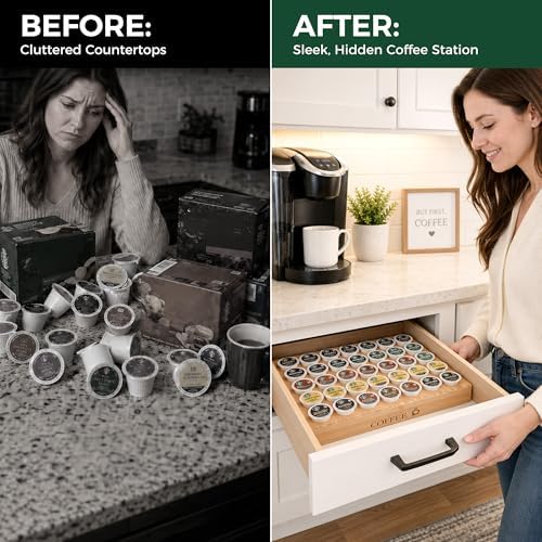 MinBoo BamBoo k cup holder Drawer or Countertop k cup Organizer Coffee Pod Holder Hold 35 Coffee Pod Storage Kcup coffee pods holder for coffee station Office and Kitchen k cup storage