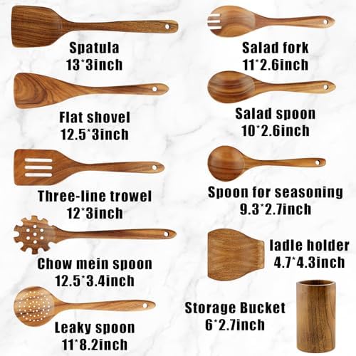 FJNATINH 10 Pcs Teak Wooden Utensil Set