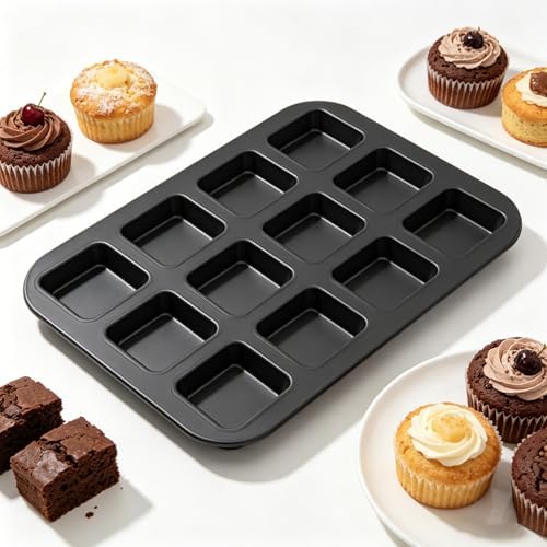 2 Pack Brownie Pan, 12-Cavity Non-Stick Square Muffin Tin with