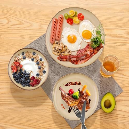 Herogo Dinnerware Sets for 8, 24pcs Stoneware Dinner Dish Set, Irregular Handmade Plates and Bowls Dishware, Microwave & Dishwasher Safe, Cream Khaki