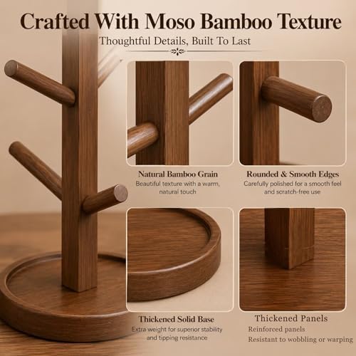 Sturdy Bamboo Mug Tree with Drip Tray, 4 Arm Rotating Cup Holder for
