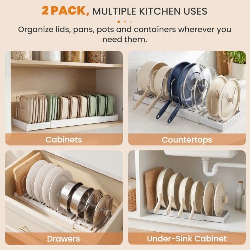 2 Pack Expandable Pot Lid Organizers with 10 Adjustable Dividers