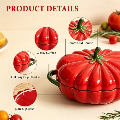 Ceramic Casserole Dish with Lid, 1.7 QT Tomato Shaped Ceramic Baking