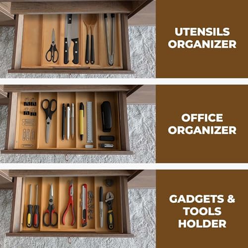 Utensils Organizer Rubberwood, Expandable Silverware Drawer Organizer