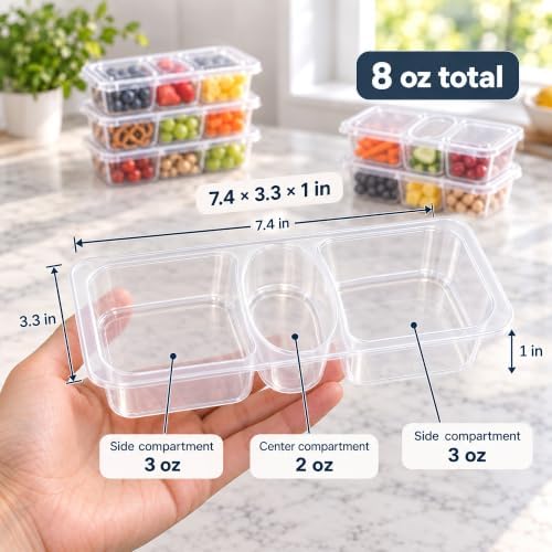 HI-REEKE 8 OZ New 3 Compartment Snack Containers, 20 Sets Bigger