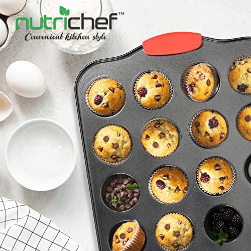 NutriChef 24-Cup Nonstick Mini Muffin Pan with Red Silicone Handles