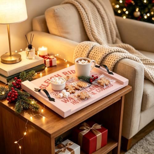Pastel Pink Christmas Wooden Serving Tray with Metal Handles, Sleigh