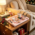 Pastel Pink Christmas Wooden Serving Tray with Metal Handles, Sleigh