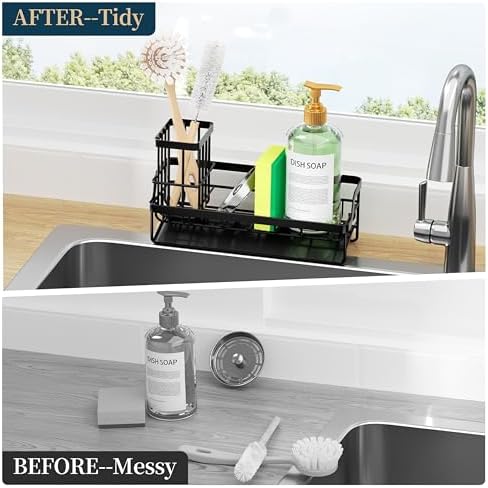 Consumest Sponge Holder for Kitchen Sink, Stainless Steel, Black