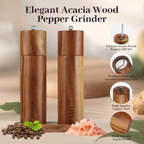 Acacia Wood Salt and Pepper Grinder Set with Base