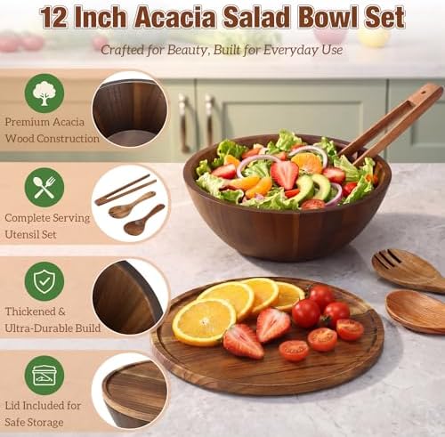 Domensi Large 12"x4.72" Acacia Wood Salad Bowls with Lid, 3 Serving