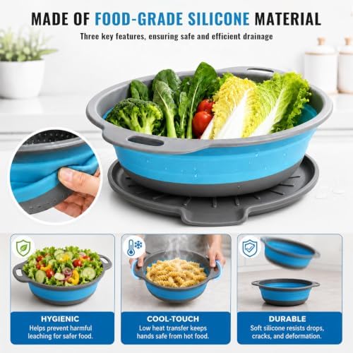 2 Collapsible Colanders with Self-Draining Tray(Blue)