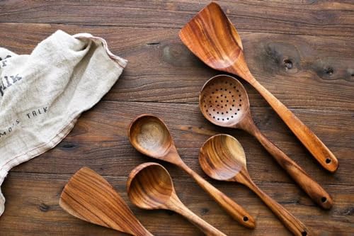 6 Piece Natural Teak Wooden Kitchen Utensil Set with Spoon Rest