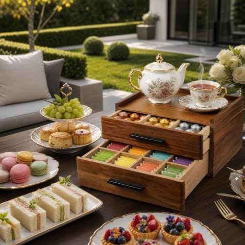 Acacia Wood Tea Bag Organizer - Double-Drawer Tea Box(21-Compartment)
