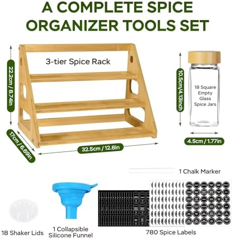 3 Tier Bamboo Spice Rack Organizer with 18 Empty 4 oz Glass Spice Jars