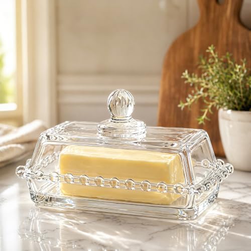 Clear Glass Butter Dish with Handled Lid, 6.5 Inch Classic Butter