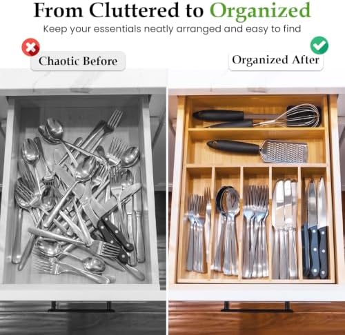 PINTUS 7-Slot Bamboo Cutlery Drawer Organizer, Medium Utensil Tray