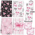Fourluoo 8 Pcs Pink Bow Kitchen Towels Oven Mitts and Pot Holders Sets