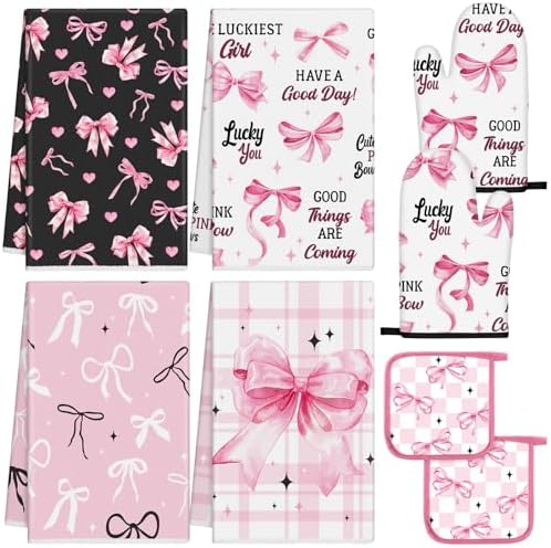 Fourluoo 8 Pcs Pink Bow Kitchen Towels Oven Mitts and Pot Holders Sets