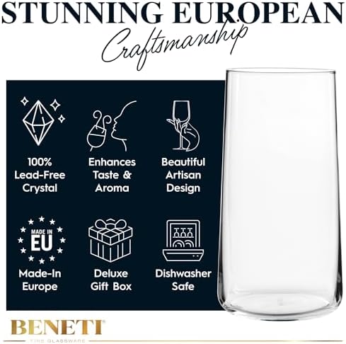 BENETI Modern Crystal Glass Cups, Tall Highball Drinking Glasses Set
