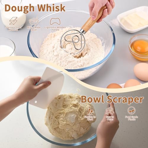 Danish Dough Whisk Set 7 Piece with Wooden Handle - Sourdough Baking