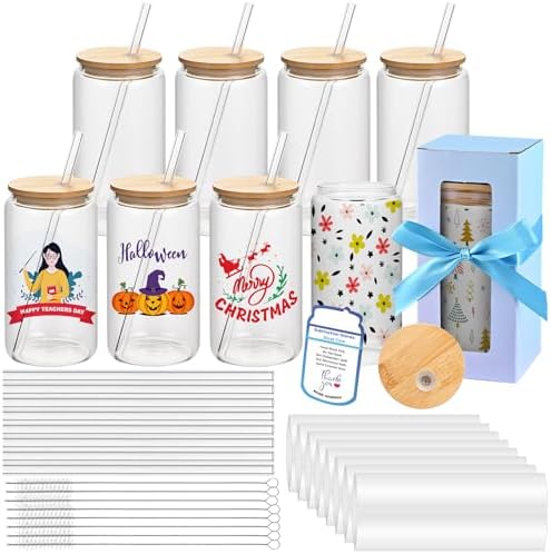 16oz Clear Sublimation Glass Tumbler with Bamboo Lid & Straw, 8-Pack