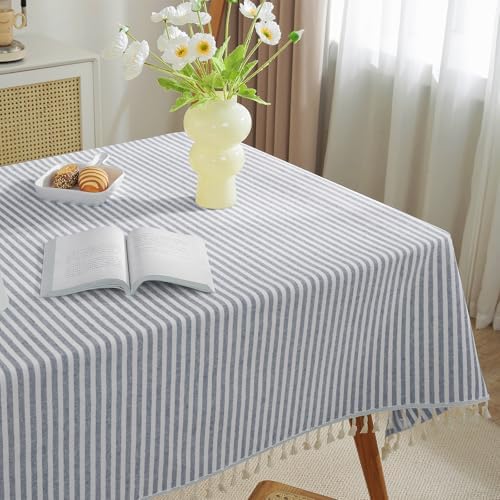 meioro Rectangle Striped Tassels Tablecloth Cotton Blend Stain and