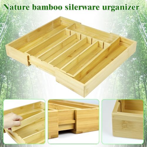 Bamboo Adjustable Drawer Organizer - Expandable Utensil Organizer for