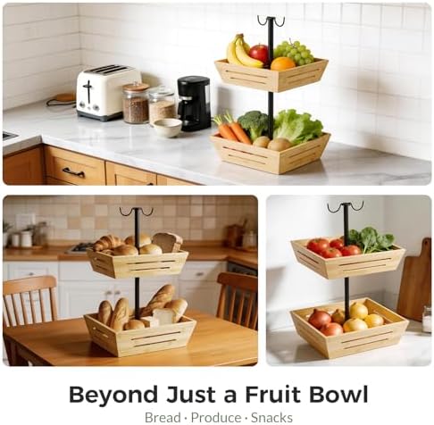 G.a HOMEFAVOR 2-Tier Bamboo Square Fruit Basket for Kitchen Countertop