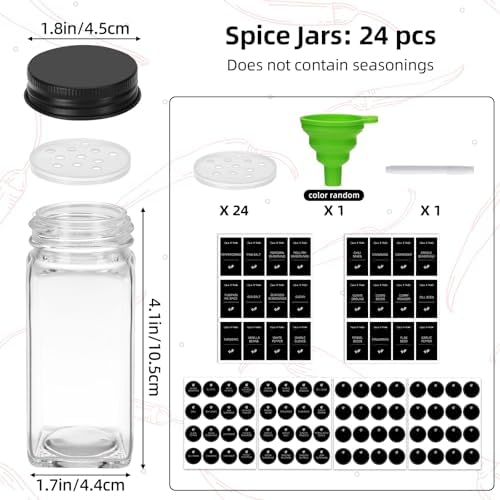 TOMNK 24pcs Square Glass Spice Jars With Black Metal Lids & Shaker