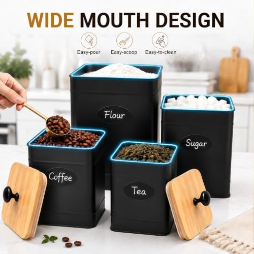 Kitchen Canister Set of 4, Airtight Metal Flour Sugar Containers Black