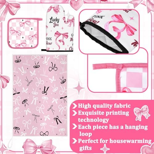 Fourluoo 8 Pcs Pink Bow Kitchen Towels Oven Mitts and Pot Holders Sets
