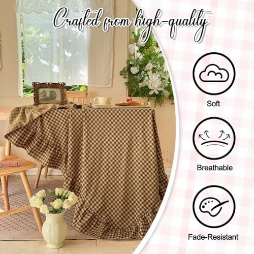NSNLGSGC Tan Plaid Gingham Ruffled Tablecloth Rectangle 58"x84"