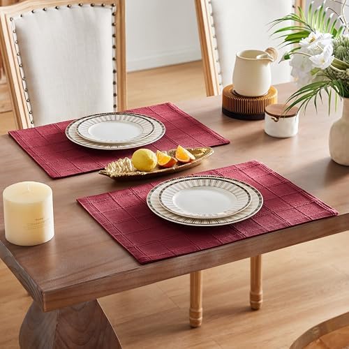 ZeeMart Linen Checked Farmhouse Placemats Set of 6, Burgundy 13x19in