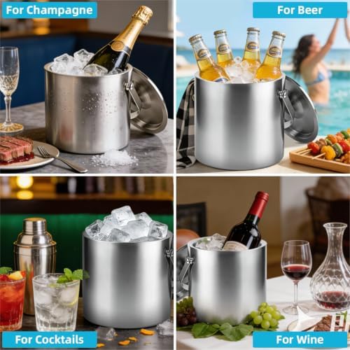 ChefBee 3L Double-Wall Stainless Steel Ice Bucket with Lid & Tongs