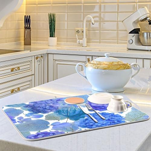 OTVEE Blue Hydrangea Blossom Decor Dish Drying Mat for Kitchen Counter